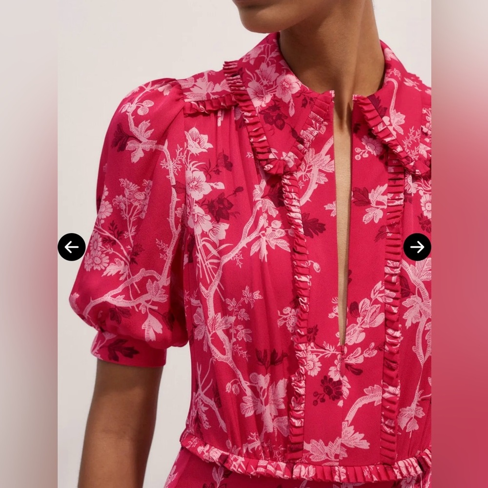 ME+EM 2 Modern Botanical Print Midi Dress Raspberry Red EUC Floral Short Sleeve - Picture 2 of 16